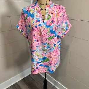 Bright Colorful Floral Print Short Sleeve Tunic Top - Large